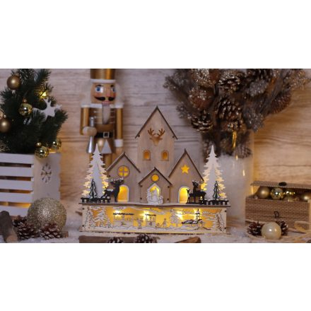 LED karácsonyi házikó tájképpel, fa, elemes (X22081)