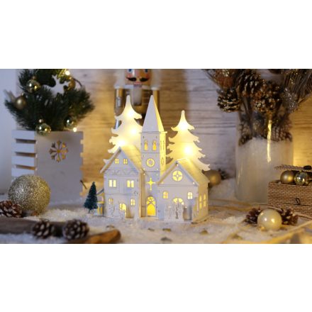 LED karácsonyi templom, fa, elemes (X22084)