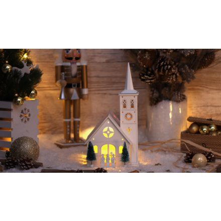 LED karácsonyi templom, fa, fehér, elemes (X22077)