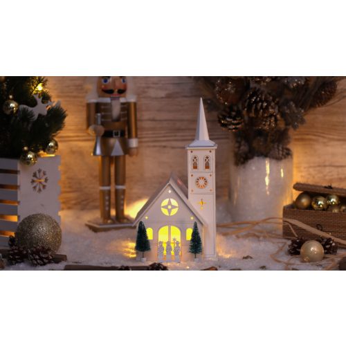 LED karácsonyi templom, fa, fehér, elemes (X22077)