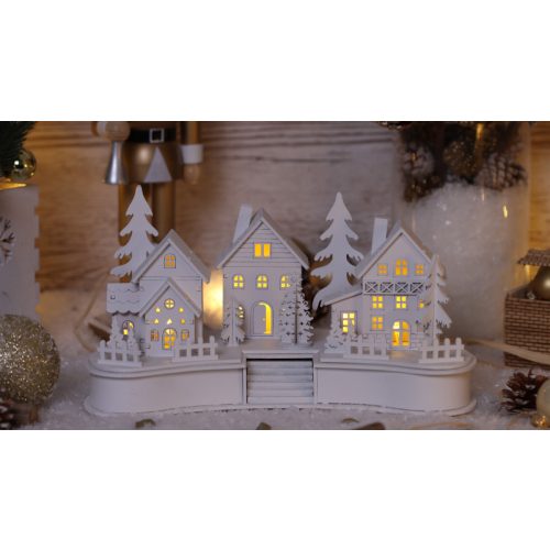 LED karácsonyi falu, fa, fehér, elemes (X22082)